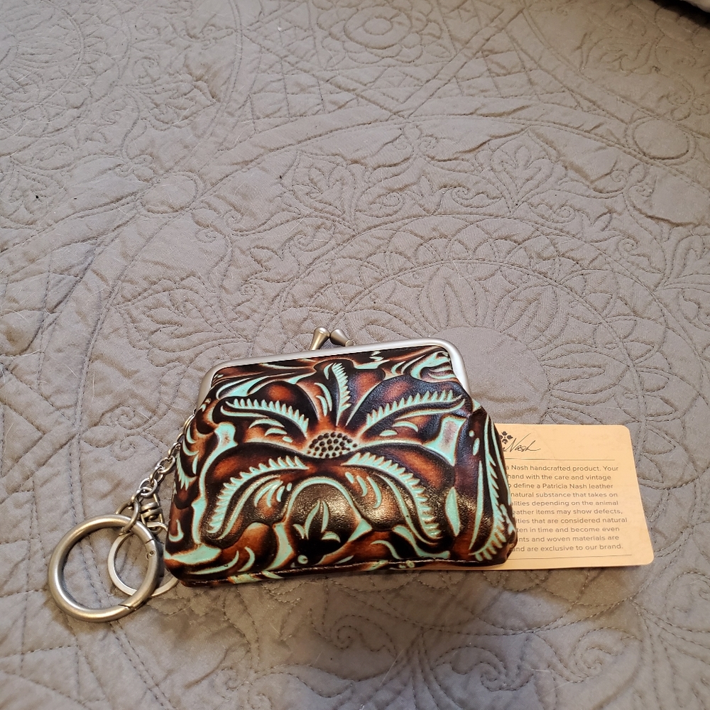 Patricia Nash Brown and Turquoise Tooled Leather Coin Purse Keyring - Picture 3 of 3